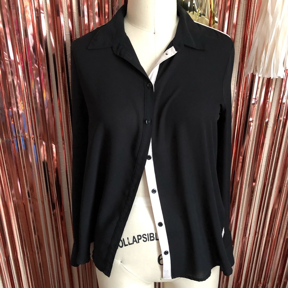 Black Cream Two Tone Sheer Button Down Blouse